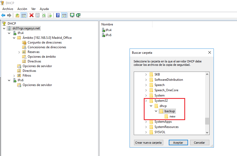 Backup DHCP en MS Windows Server 2016 RAGASYS SISTEMAS