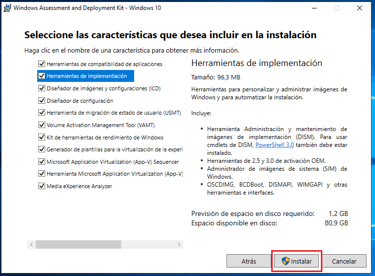 Instalación Windows Assessment and Deployment Kit (Windows ADK) y