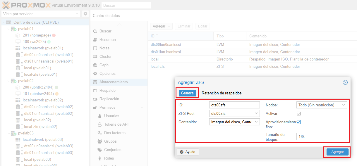 Agregar y configurar almacenamiento ZFS local en Cluster Proxmox VE 9.0 ...