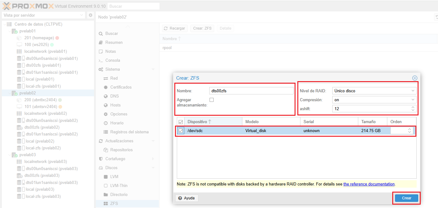 Agregar y configurar almacenamiento ZFS local en Cluster Proxmox VE 9.0 ...