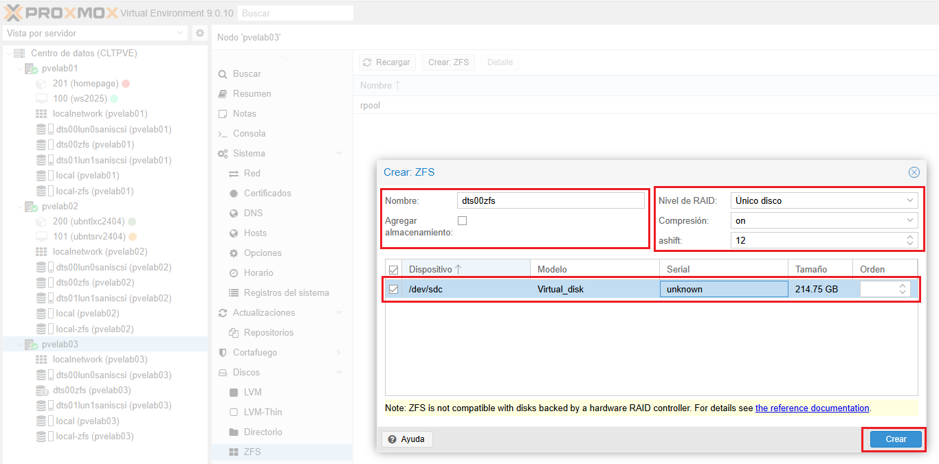Agregar y configurar almacenamiento ZFS local en Cluster Proxmox VE 9.0 ...