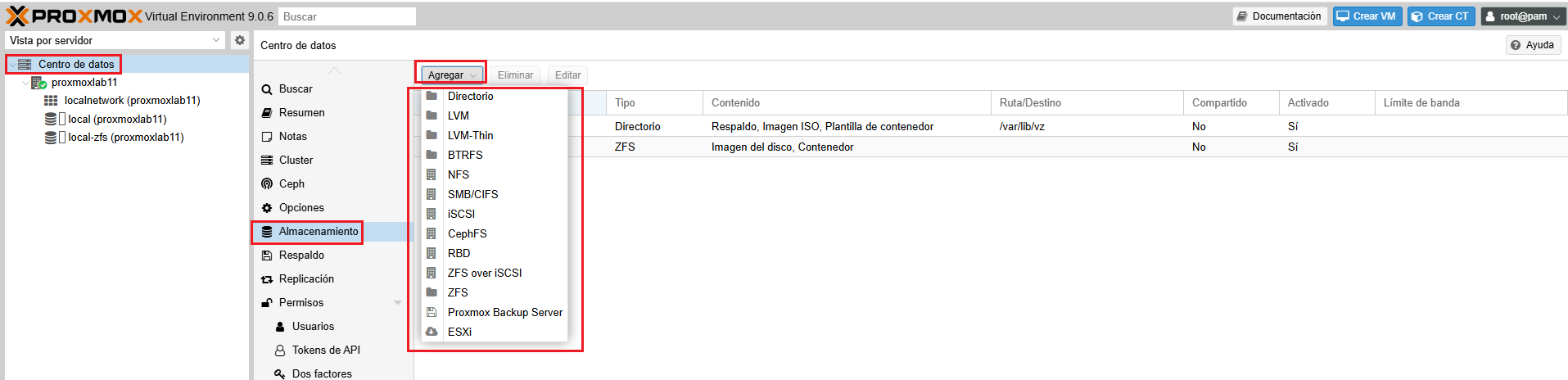 Almacenamiento en Proxmox VE 9.0