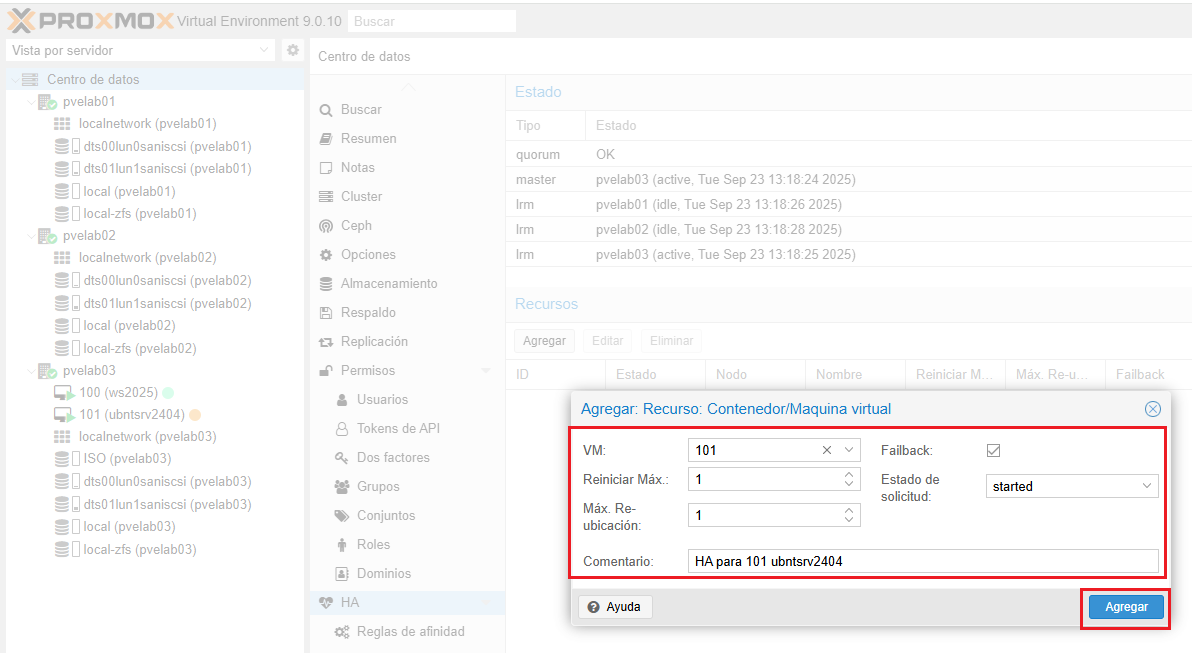 Configuración de alta disponibilidad HA en clúster Proxmox VE 9.0 con ...