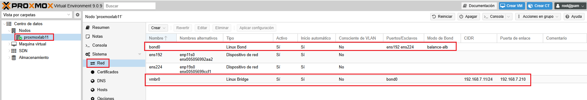 Configuración de bond o NIC Teaming en Proxmox VE 9.0