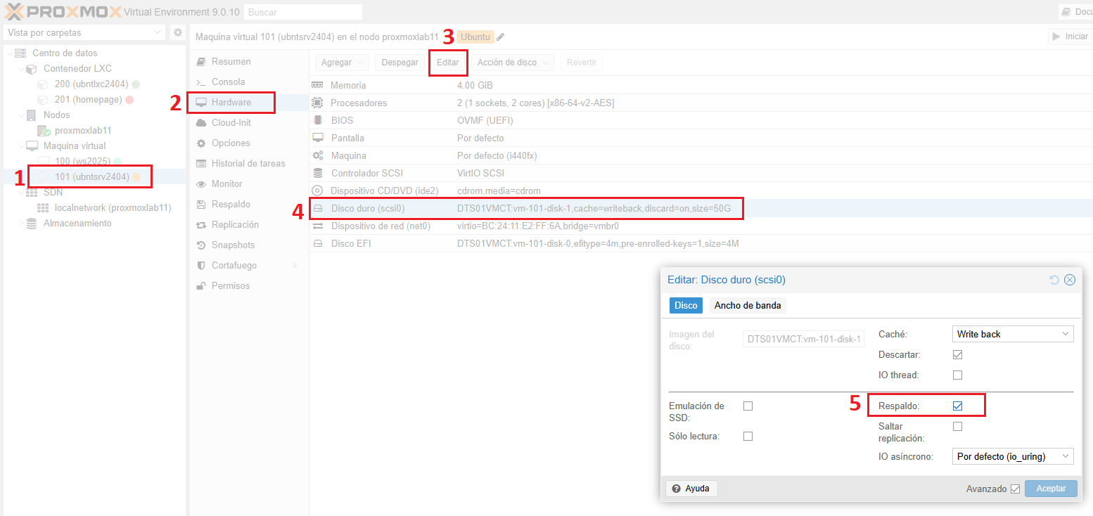 Snapshots y Respaldos de máquinas virtuales en Proxmox VE 9.0